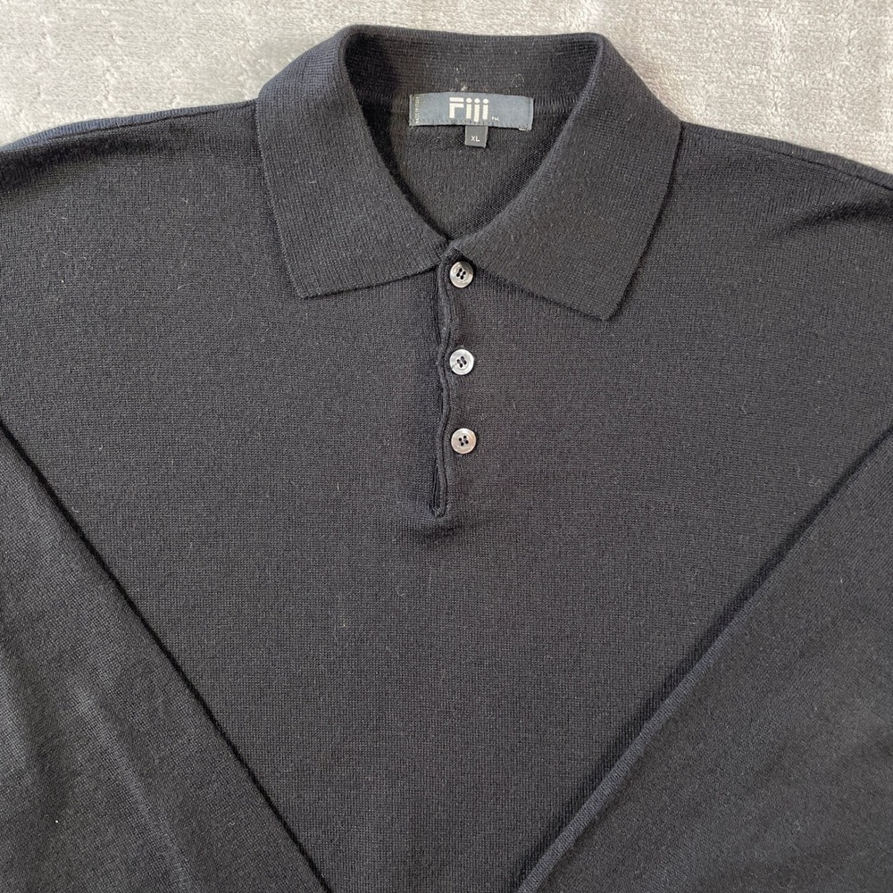 Fiji Sweater Polo Mens XL Black Long Sleeve Italy Knit Collared Office Preppy - Picture 3 of 9